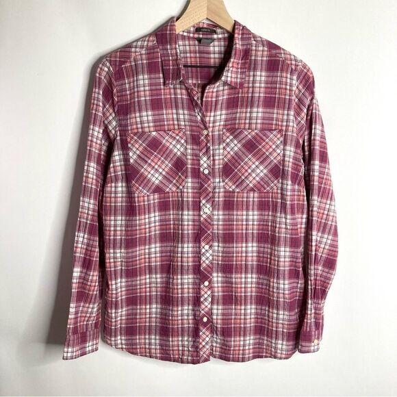 Women’s Eddie Bauer Red Burgundy Plaid Button Up Size Large - Picture 1 of 7
